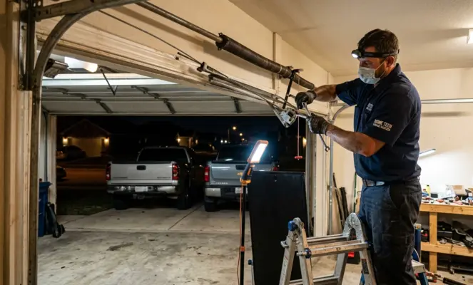 A professional garage door technician using a headlamp and portable lighting to repair a torsion spring on a residential garage door at night.