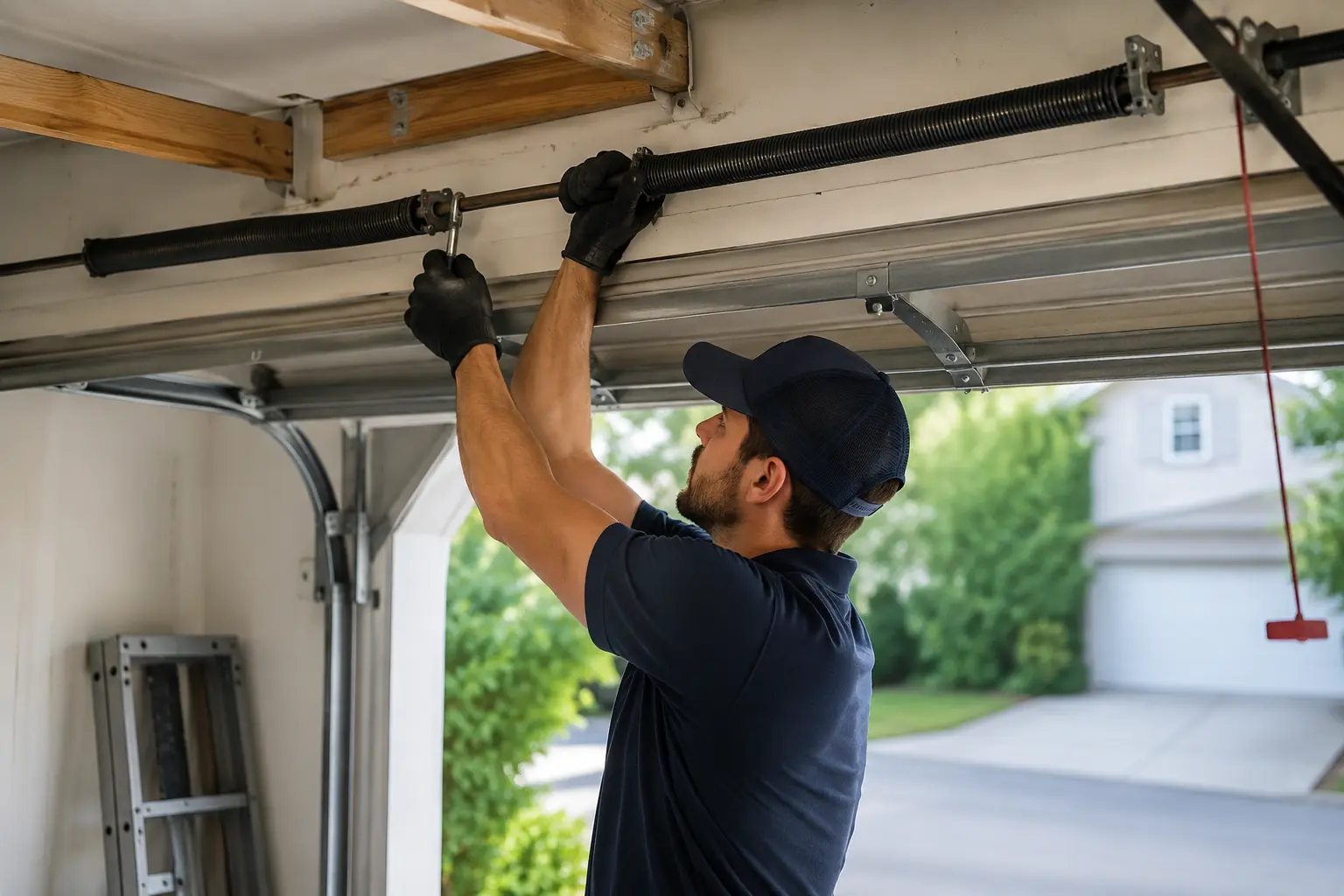 Professional garage door technician repairing a broken garage door spring inside a residential garage in Killeen, TX